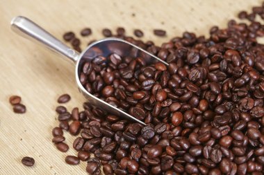 kahve çekirdekleri demir kaşık üzerinde yakın çekim 