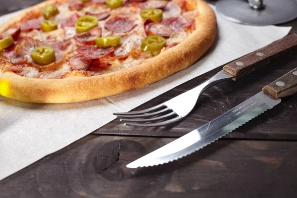 Tasty Pizza Wooden Table Close — Stock Photo, Image