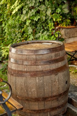 Güneşli bir günde bahçede eski bir şarap fıçısı