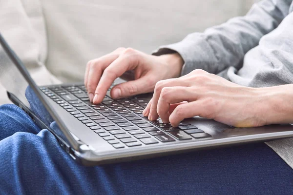 Male Hands Typing Laptop Keyboard Close — Stock Photo, Image