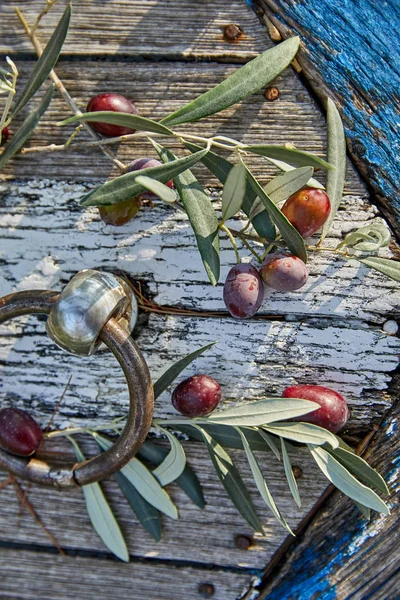 Rijpe Violette Olijven Met Bladeren Houten Ondergrond — Stockfoto