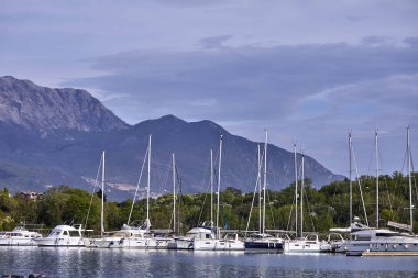 Güneşli bir günde limana yat park etmek. 