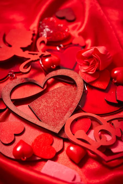 Valentines Day Decorations Hearts Red Silk Fabric — Stock Photo, Image