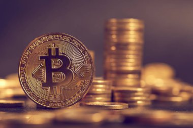 Avro sikkelerinin yanındaki altın bitcoin, kripto para birimi için kavramsal görüntü