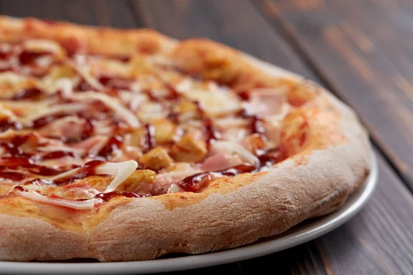 Tasty Pizza Wooden Background Close View — Stock Photo, Image