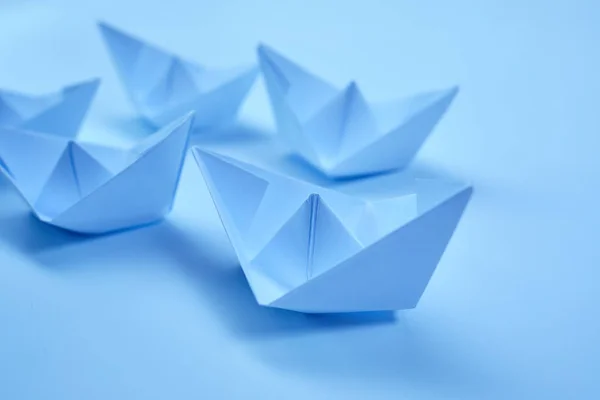 Hand Made Paper Boats Blue Background Business Concept — Stock Photo, Image