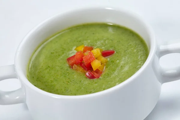 Sopa Crema Verde Tazón Blanco Primer Plano — Foto de Stock