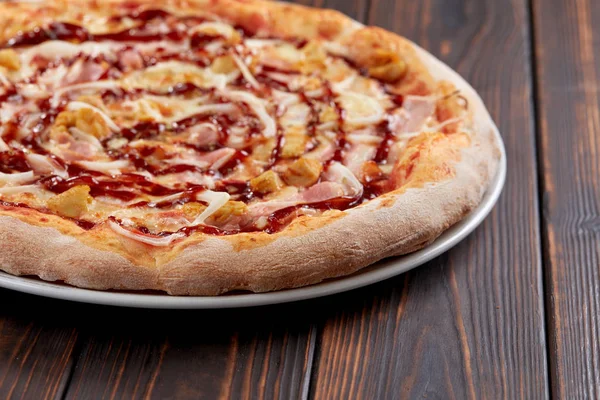 Tasty Pizza Wooden Background Close — Stok fotoğraf