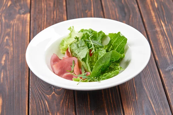 Salad Lettuce Ham White Plate Close — Stock Photo, Image