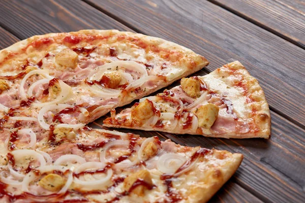 Tasty Pizza Wooden Background Close — Stok fotoğraf