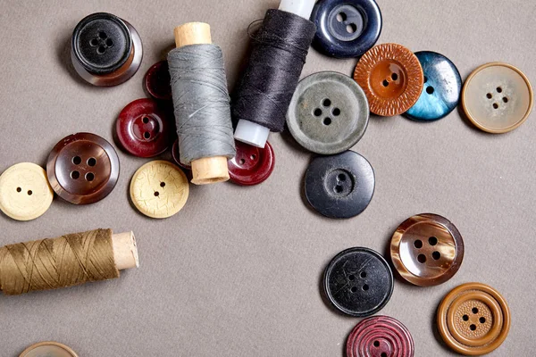 Collection Multicolored Antique Buttons Bobbins Threads Close View — Stock Photo, Image