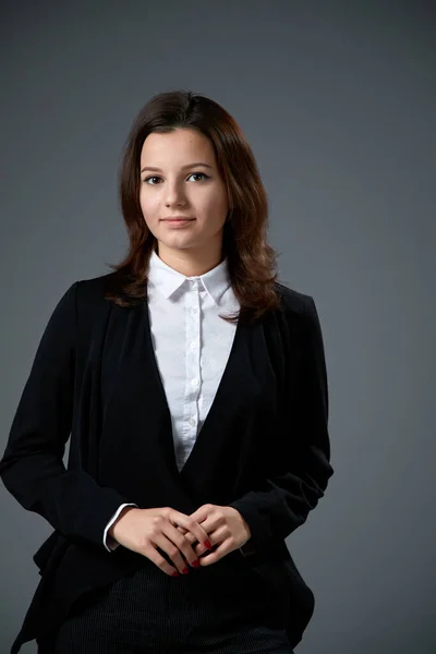 Portrait Beautiful Young Woman Wearing White Shirt Dark Jacket Posing — Stock Photo, Image