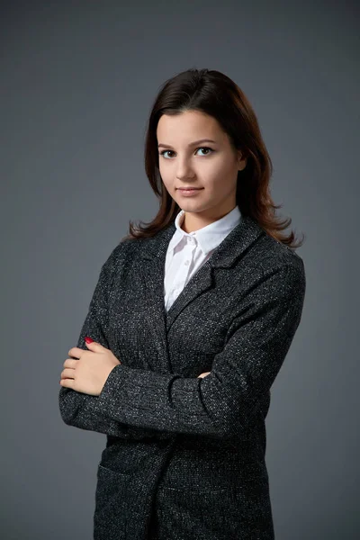 Portrait Beautiful Young Woman Wearing White Shirt Dark Jacket Posing — Stock Photo, Image