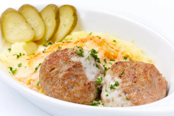 Cutlet Mashed Potato Vegetables White Plate Close View — Stock Photo, Image