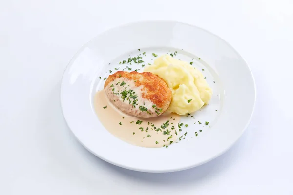 Cutlet Met Aardappelpuree Witte Plaat Close View — Stockfoto