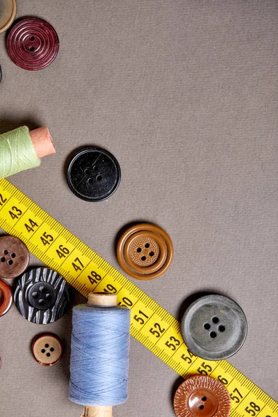 Background Texture Multicolored Antique Buttons Sewing Tools — Stock Photo, Image