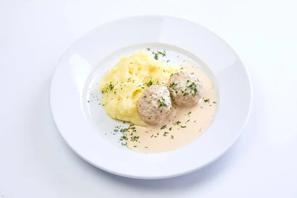 Meatballs Mashed Potato White Plate — Stock Photo, Image