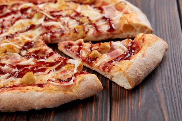 Tasty Pizza Wooden Background Close — Stock Photo, Image