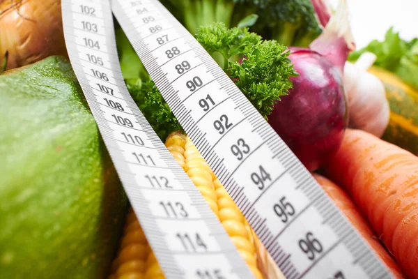 Pile Fresh Vegetables Measure Tape Close — Stock Photo, Image