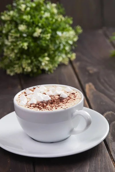 Cappuccino Com Marshmallow Cacau Copo Vista Perto — Fotografia de Stock