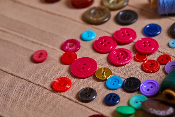 Background Texture Multicolored Antique Buttons Sewing Tools Close View — Stock Photo, Image