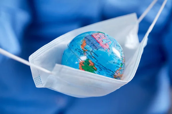 Scientist Holding Globe Protective Mask Close View — Stock Photo, Image