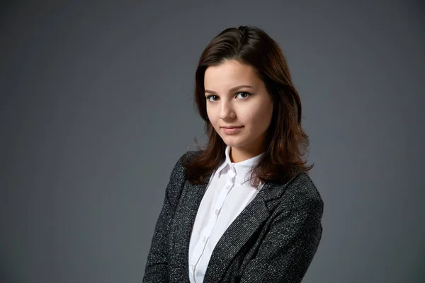 Portrait Beautiful Young Woman Wearing White Shirt Dark Jacket Posing — Stock Photo, Image