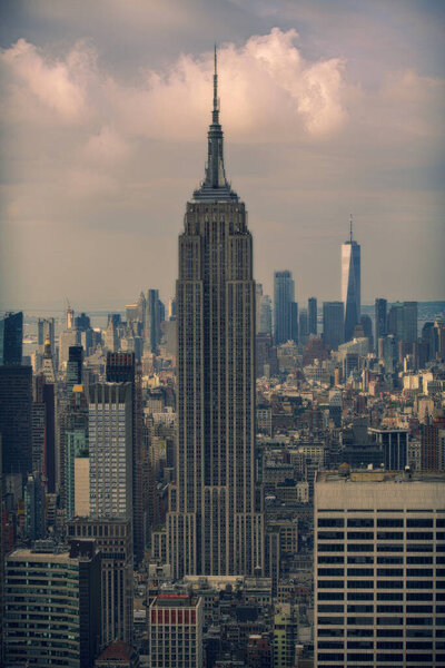 View of the Empire State Building and lower Manhattan from the Top of the Rock, Rockefeller Center in New York, USA