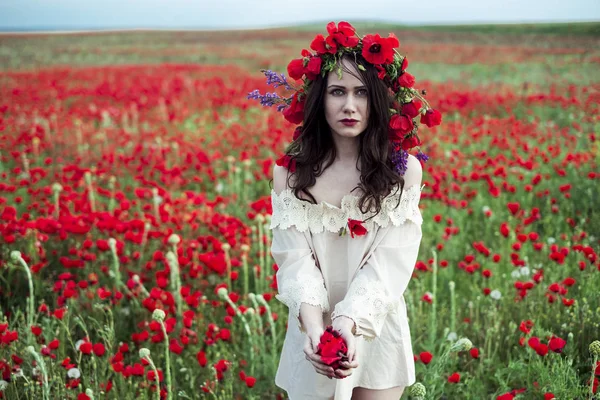 The girl poses on a poppy field — Stock Photo, Image