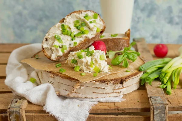 Хлеб со сливочным сыром, редькой и луком — стоковое фото
