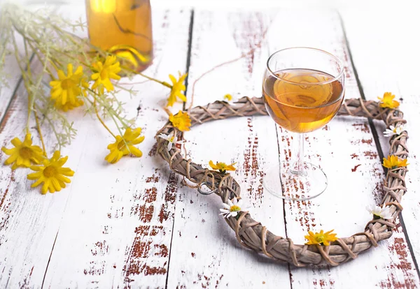 White wine bottle on wooden background — Stock Photo, Image