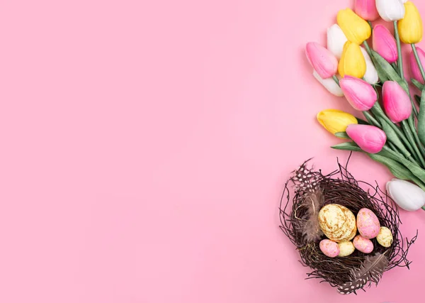Osterhintergrund Mit Eiern Und Blumen Vorlage Für Text — Stockfoto