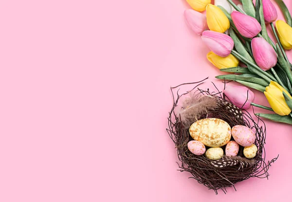 Πάσχα Φόντο Αυγά Και Λουλούδια Πρότυπο Κειμένου — Φωτογραφία Αρχείου