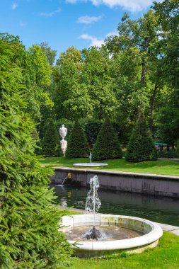 Peterhof, Rusya-15 Ağustos 2019: Aşağı Park, Peterhof, Saint Petersburg, Rusya 'daki Bolşoy Bankası (Samsonovsky) kanalı