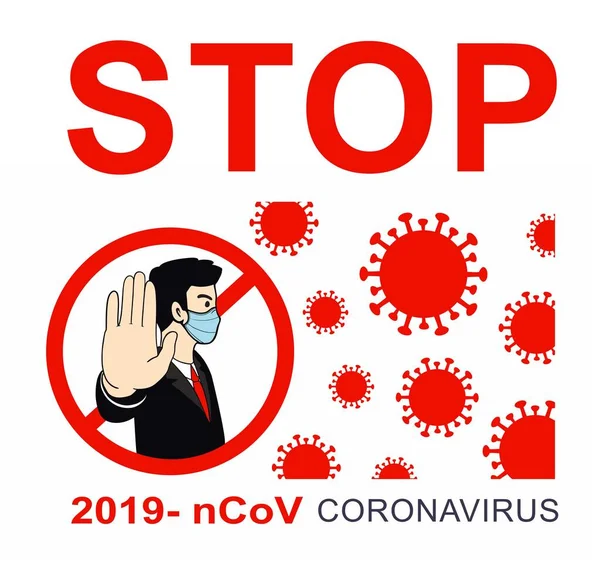 Men Protective Mask Shows His Hand Stop Mers Corona Virus — Stock Vector