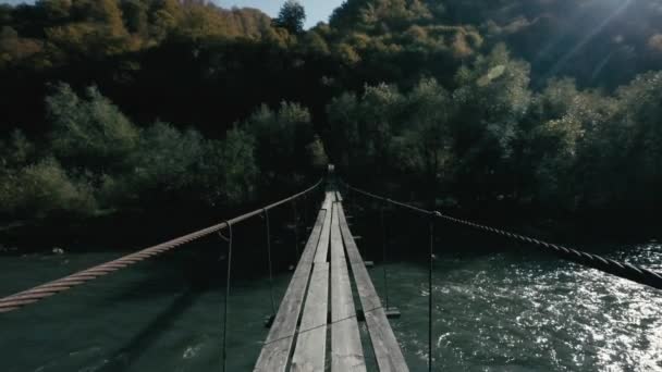 Wooden Bridge River Trail Carpathian Mountains Ukraine Europe — Stock Video