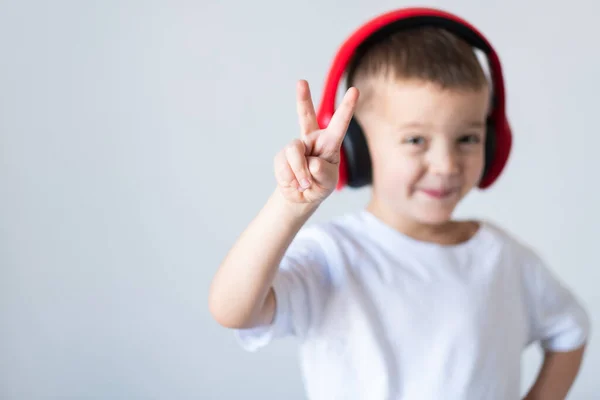 Fun Jeune Enfant Jouissant Rythmes Écoutant Musique Sur Écouteurs — Photo