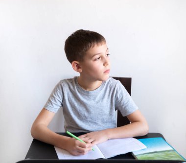 Bir okul çocuğu evde ders çalışır ve okul ödevi yapar. Evden öğrenme. Uzaklık öğrenimi çevrimiçi eğitim.