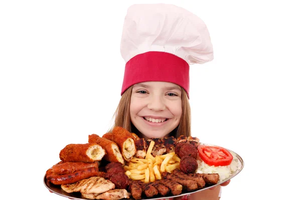 Little girl cook with grilled meat — Stock Photo, Image