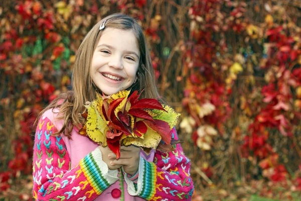 Щаслива маленька дівчинка тримає барвисте осіннє листя — стокове фото