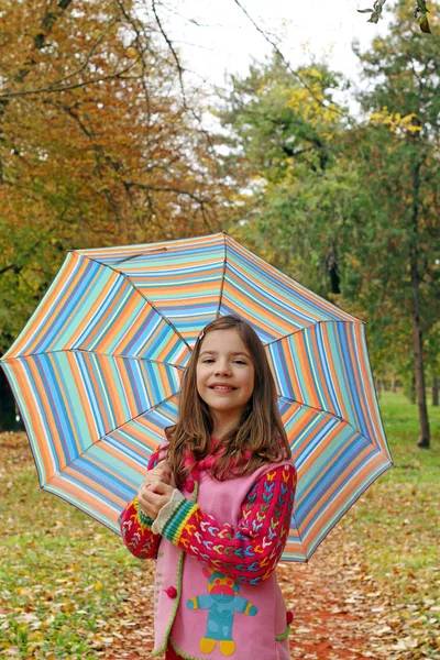 Vacker liten flicka med paraply i park höstsäsongen — Stockfoto