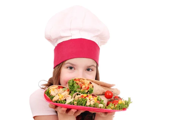 Happy little girl cook with burritos — Stock Photo, Image