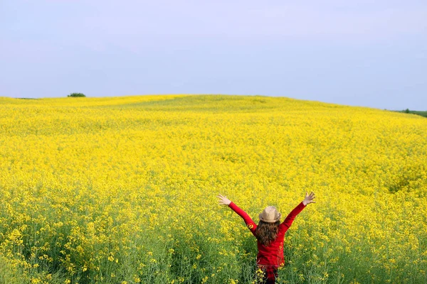 Petite fille avec les mains vers le haut sur le champ printemps saison — Photo