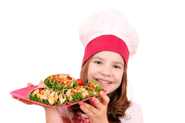 Little girl cook with burritos — Stock Photo, Image