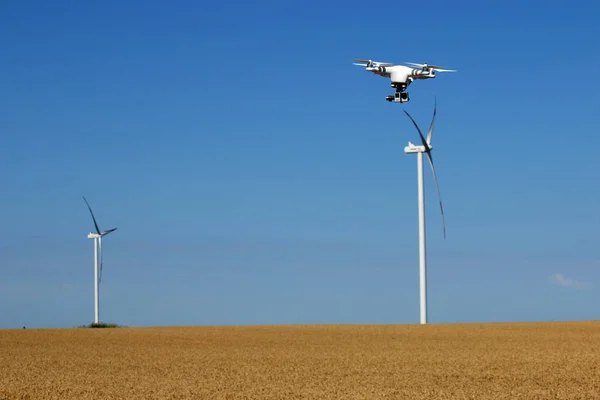 Drone volando sobre campo de trigo con turbina eólica temporada de verano — Foto de Stock