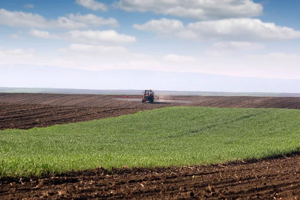 Champ Pulvérisation Tracteur Agriculture Printemps — Photo