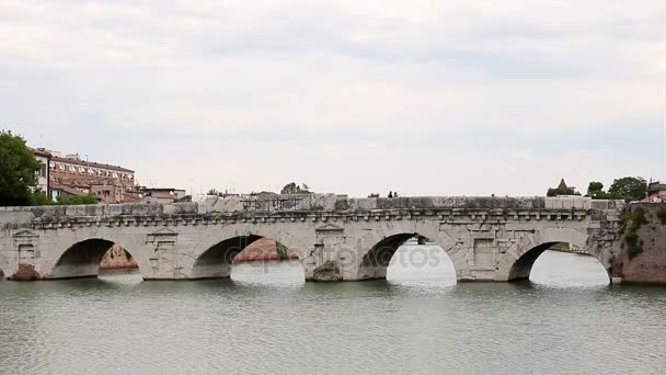 Old stone Tiberius bridge Rimini Italy — Stock Video