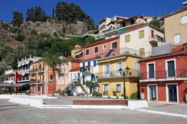 colorful old buildings and castle Parga Greece clipart