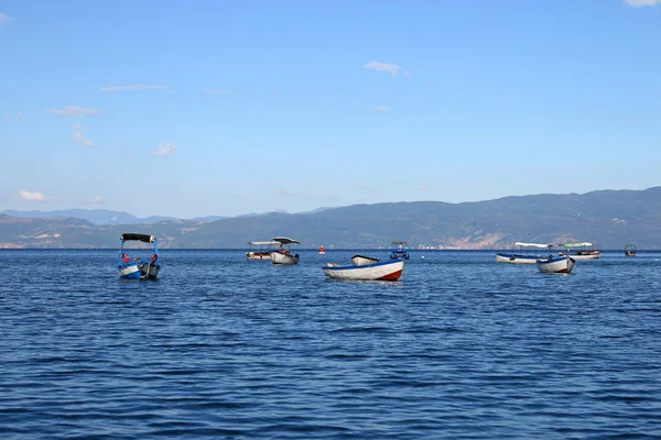 Boats on Ohrid lake Macedonia landscape summer season — Stock Photo, Image