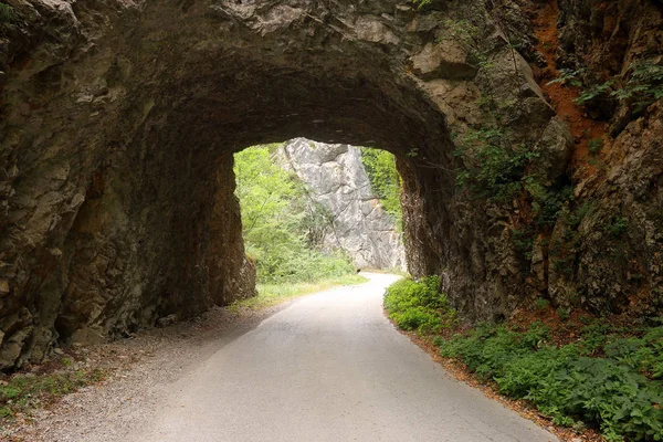 Górska droga przechodzi przez tunel kamień — Zdjęcie stockowe